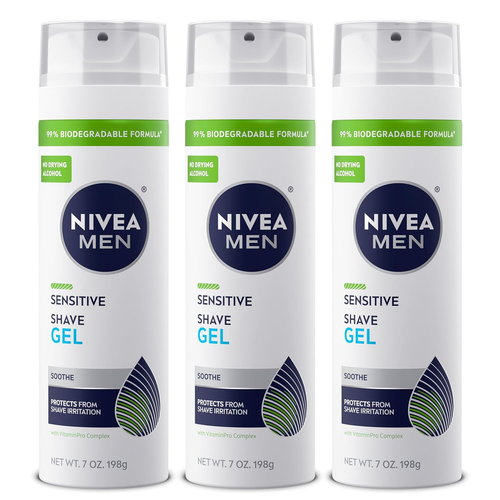 NIVEA MEN Sensitive Shave Gel, Shaving Gel for Men with Sensitive Skin, Enriched with VitaminPro Complex, 7 Oz Can, Pack of 3