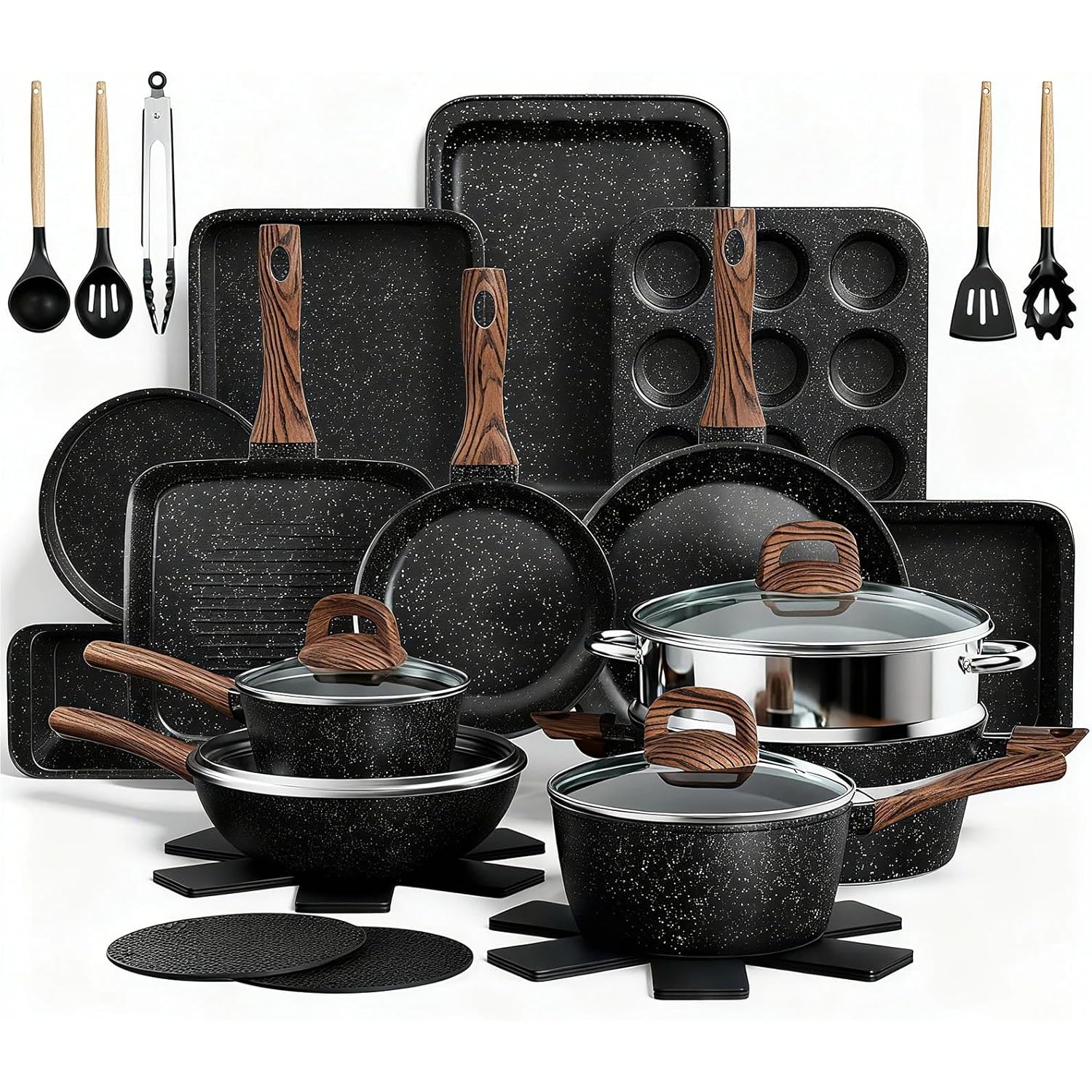 Pots and Pans Set Non Stick, 31 Piece Kitchen Induction Cookware & Bakeware Set, Nonstick Kitchen Cooking Pans Set with Frying Pans Set Grill Pan Saucepan Baking Sheet & Utensils, PFOA Free