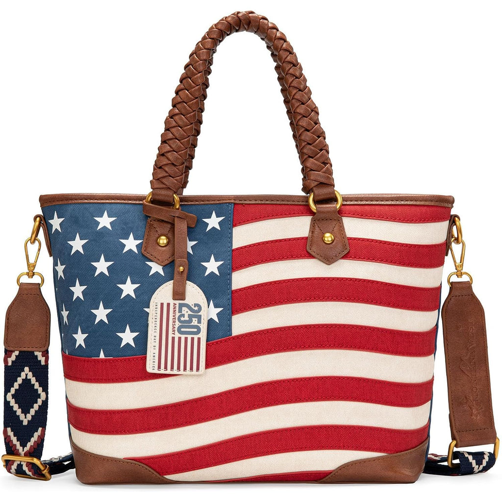 Montana West American Flag Tote Bag For Women Vintage Patriotic Western Shoulder Purse With Braided Top Handles