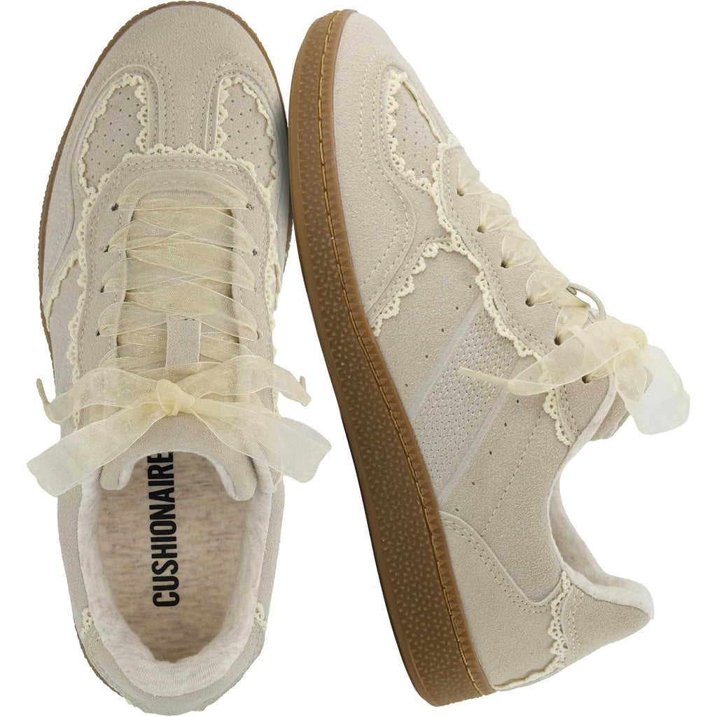 Cushionaire Belinda Women’S Lace Detail Casual Sneakers – Elegant Ribbon Lace-Up Shoes With Memory Foam