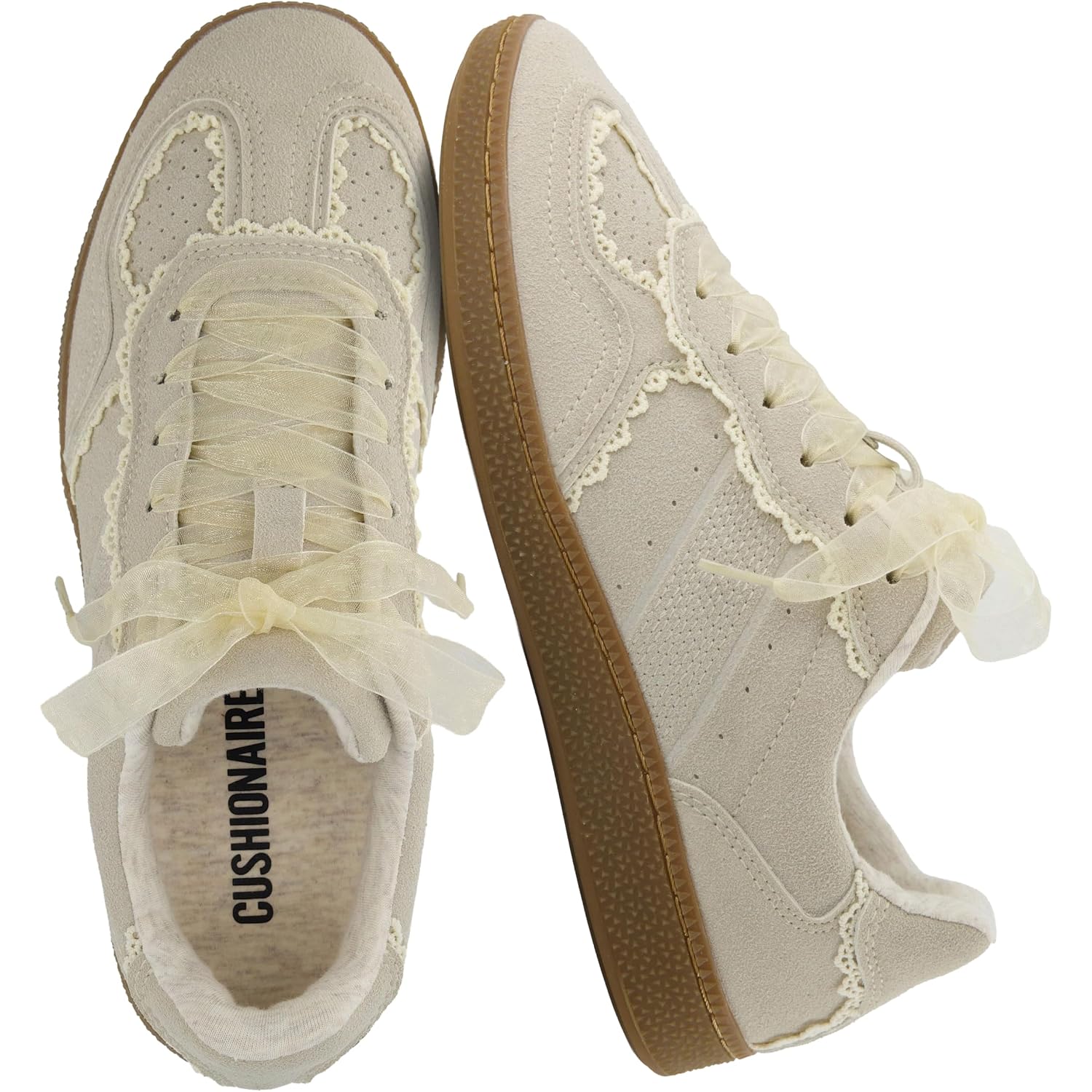 Cushionaire Belinda Women’S Lace Detail Casual Sneakers – Elegant Ribbon Lace-Up Shoes With Memory Foam