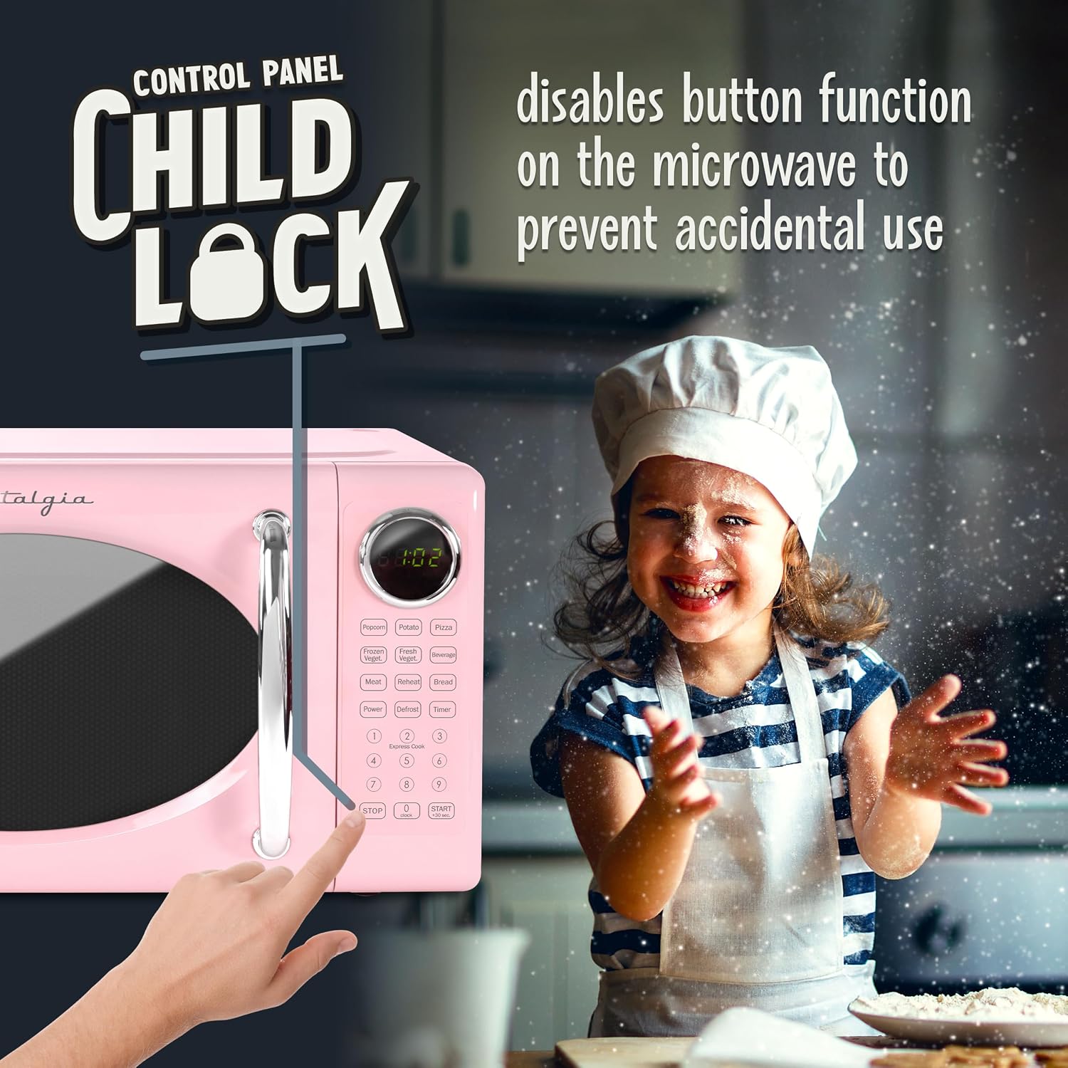 Nostalgia Retro Microwave Oven - 0.7 Cu Ft, 700-Watt Countertop Size With Glass Turntable, Child Safety Lock, 8 Auto-Cook Programs, Digital Clock - Pink