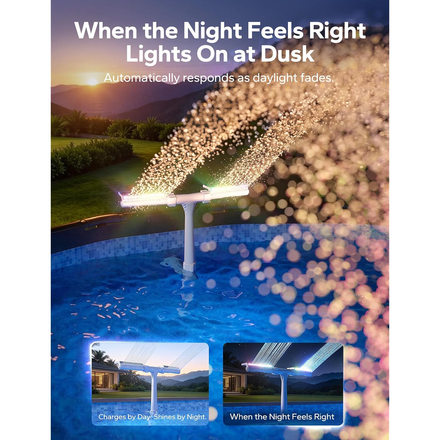 Poolhacker Solar Pool Fountain With 10-Color Led Lights, Newly Refined Streamlined Design, Auto Dusk Sensor & Timer, Remote Control, Dual-Head Adjustable Spray For Above & Inground Pools
