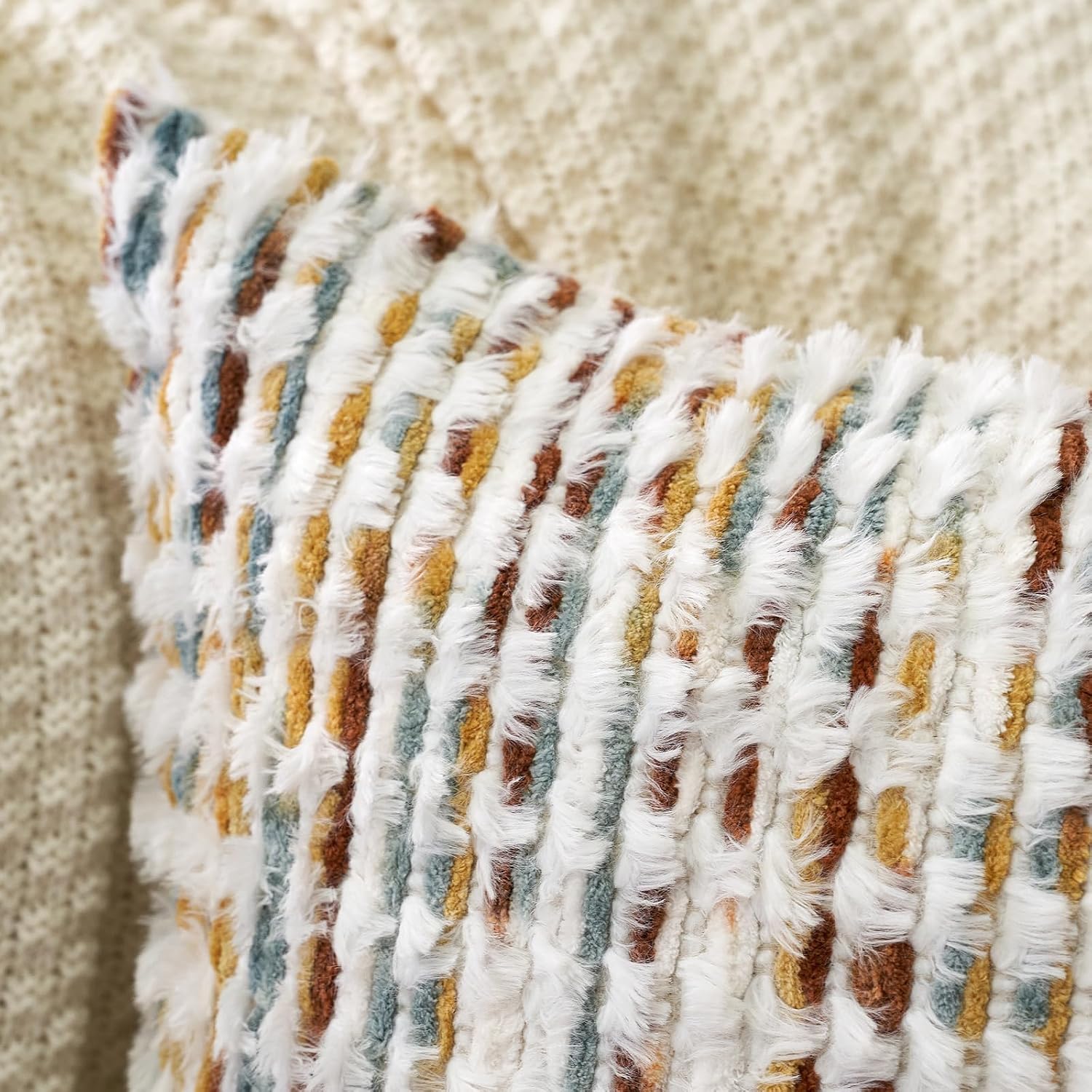 Aeckself Boho Chenille Tufted Pillow Cover 20 X 20 Inch, Decorative Square Throw Pillow Cover Neutral Pillowcase For Couch Bedroom Living Room, Orange White