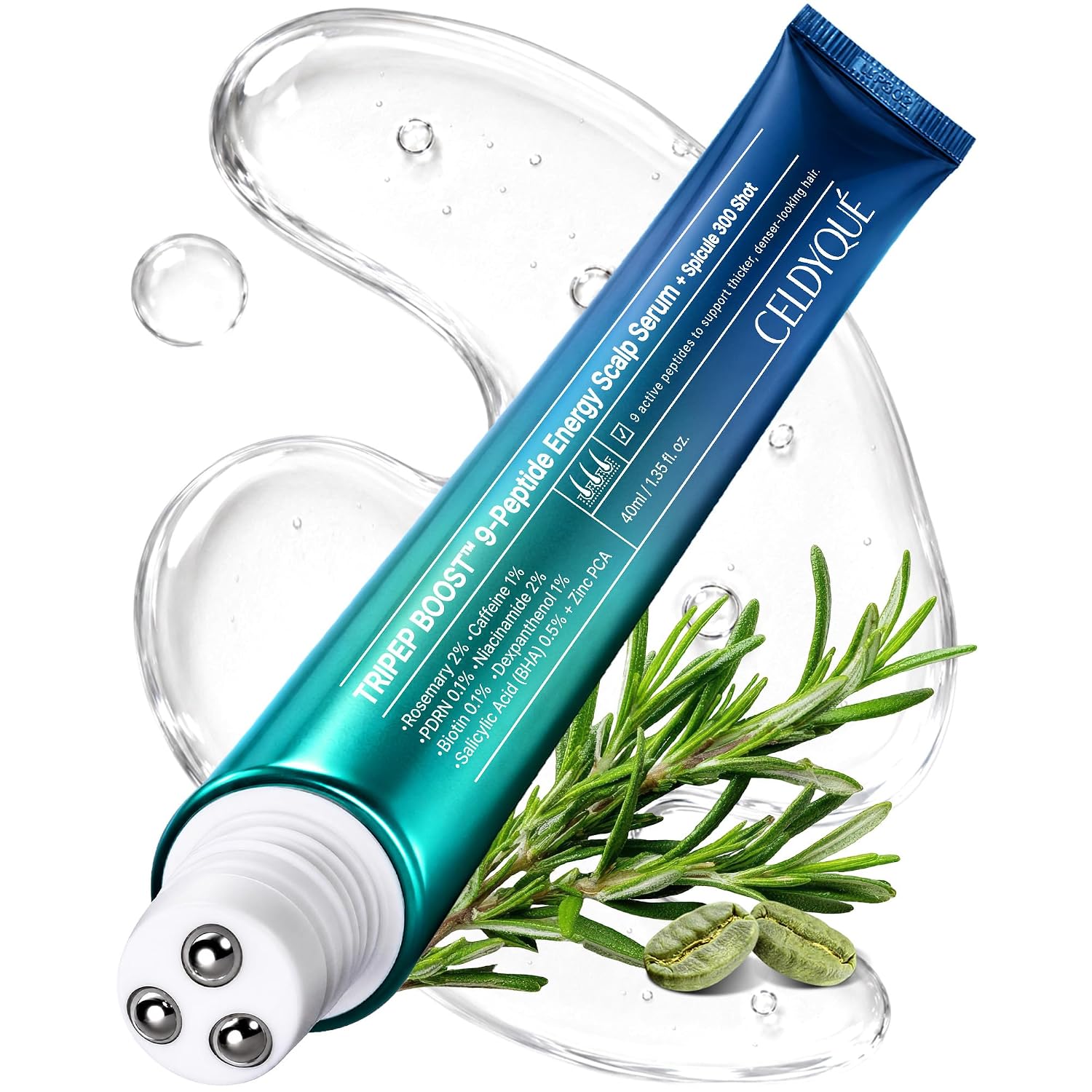 9-Peptide Hair Growth Scalp Care Serum 1.35 Oz(2X Size) - Rosemary 2% Caffeine 1% Pdrn & Spicule 300 Roll-On Type | Thicker Fuller-Looking Hair W/Niacinamide Zinc Pca | Thinning Hair Korean Haircare