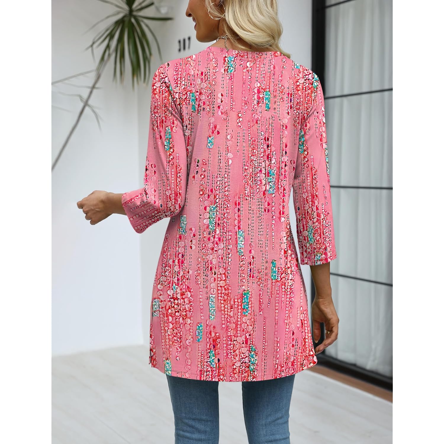 3/4 Length Sleeve Womens Tops Dressy Casual Plus Size V Neck Tunics to Wear with Leggings Side Slit Shirt