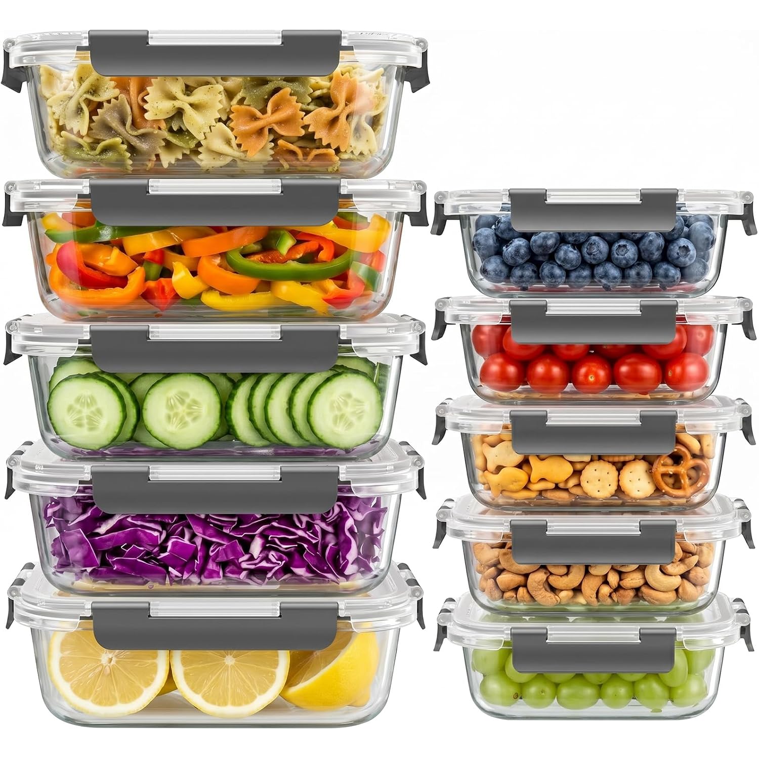 Dealusy 10 Sets (20-Piece) 36 Oz & 12 Oz Glass Food Storage Containers With Lids, Airtight Leak-Proof Glass Meal Prep Containers With Lids, Microwave Oven Freezer Dishwasher Safe, Gray