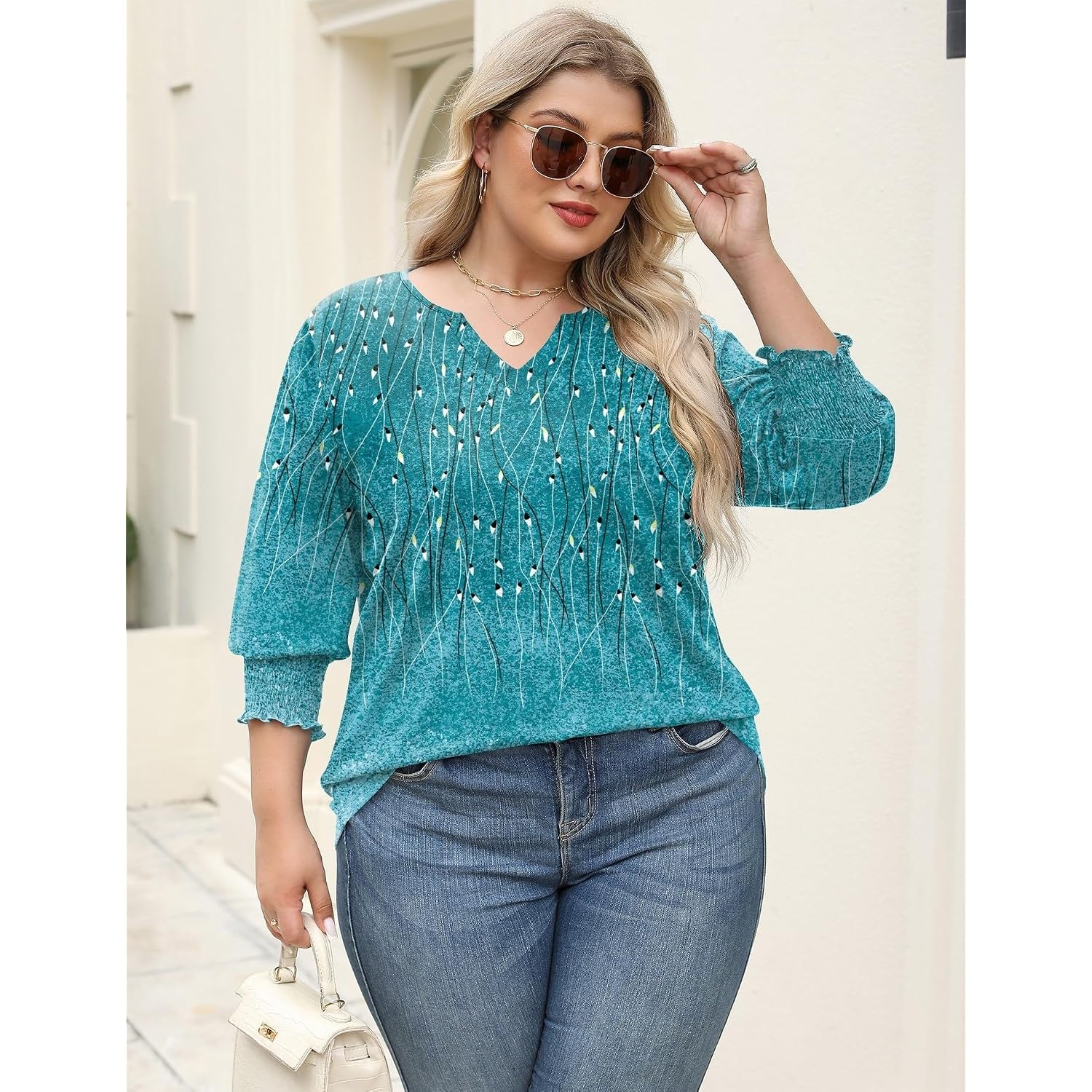 Rapbin Womens Plus Size Tops 3/4 Sleeve Blouses Shirts Casual V Neck Loose Tunic Tops 1X-5X