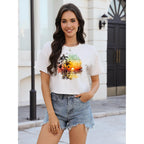 Binshre Womens Short Sleeve Crops Tops Summer Graphic Tees Crew Neck Cropped T Shirts Casual Loose Fit Blouse White-beach Sunset
