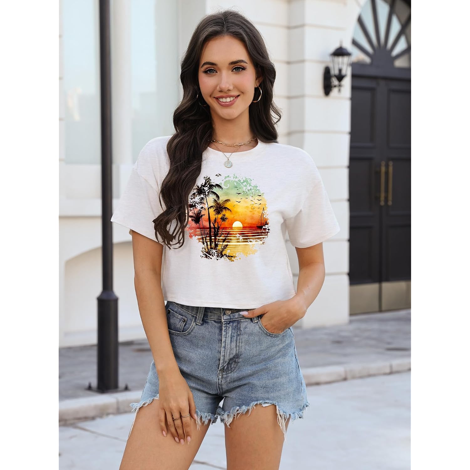 Binshre Womens Short Sleeve Crops Tops Summer Graphic Tees Crew Neck Cropped T Shirts Casual Loose Fit Blouse White-beach Sunset