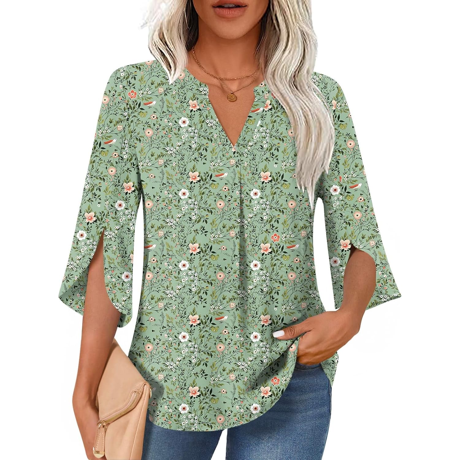 Womens Summer 3/4 Length Sleeve Tunic Tops Plus Size V-Neck Blouses for Women Dressy Casual