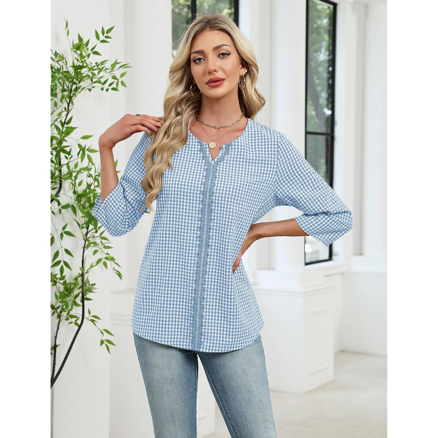 Akewei Womens 3/4 Sleeve Cotton Linen V Neck Lace Tops Casual Loose Fit Summer Fall Boho Fashion Tunic