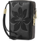 GOIACII Women's Wallet Double Zip Around Credit Card Holder Ladies Wallet Rfid Blocking Wristlet Purse Medium Size Leather Black