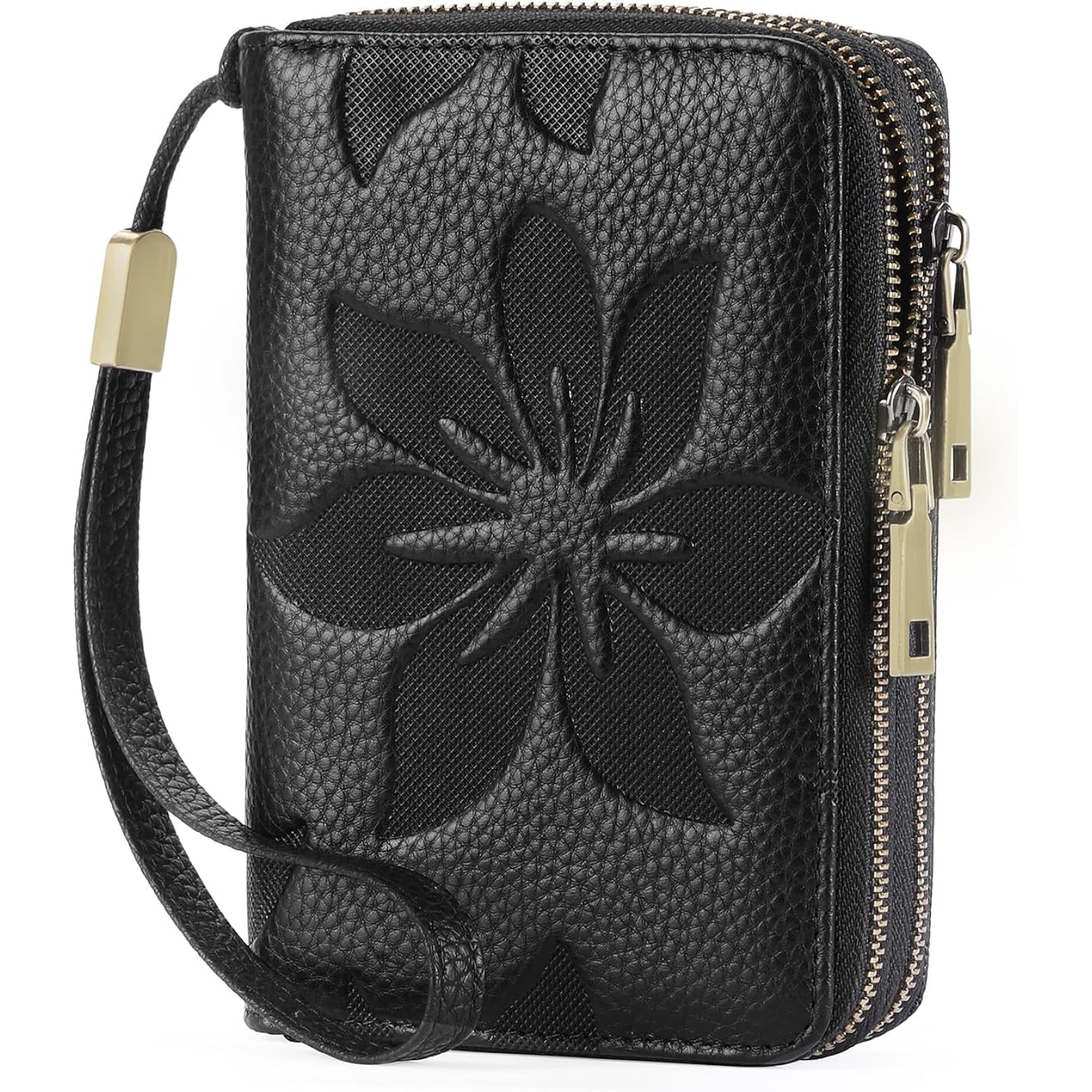 GOIACII Women's Wallet Double Zip Around Credit Card Holder Ladies Wallet Rfid Blocking Wristlet Purse Medium Size Leather Black