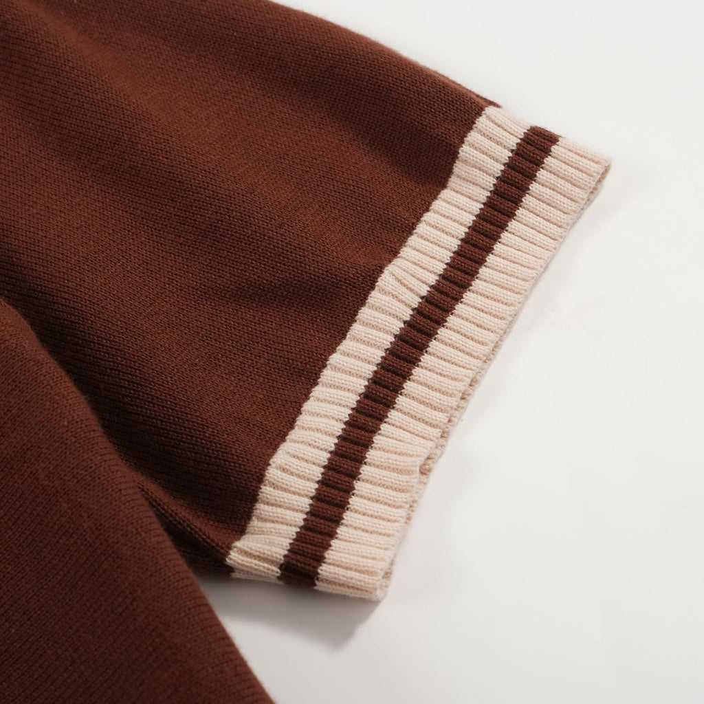 Oxknit Mens Retor Polo Striped Brown V-Neck Knitted Shirt 1960S Mod Style Vintage Collared T Shirt