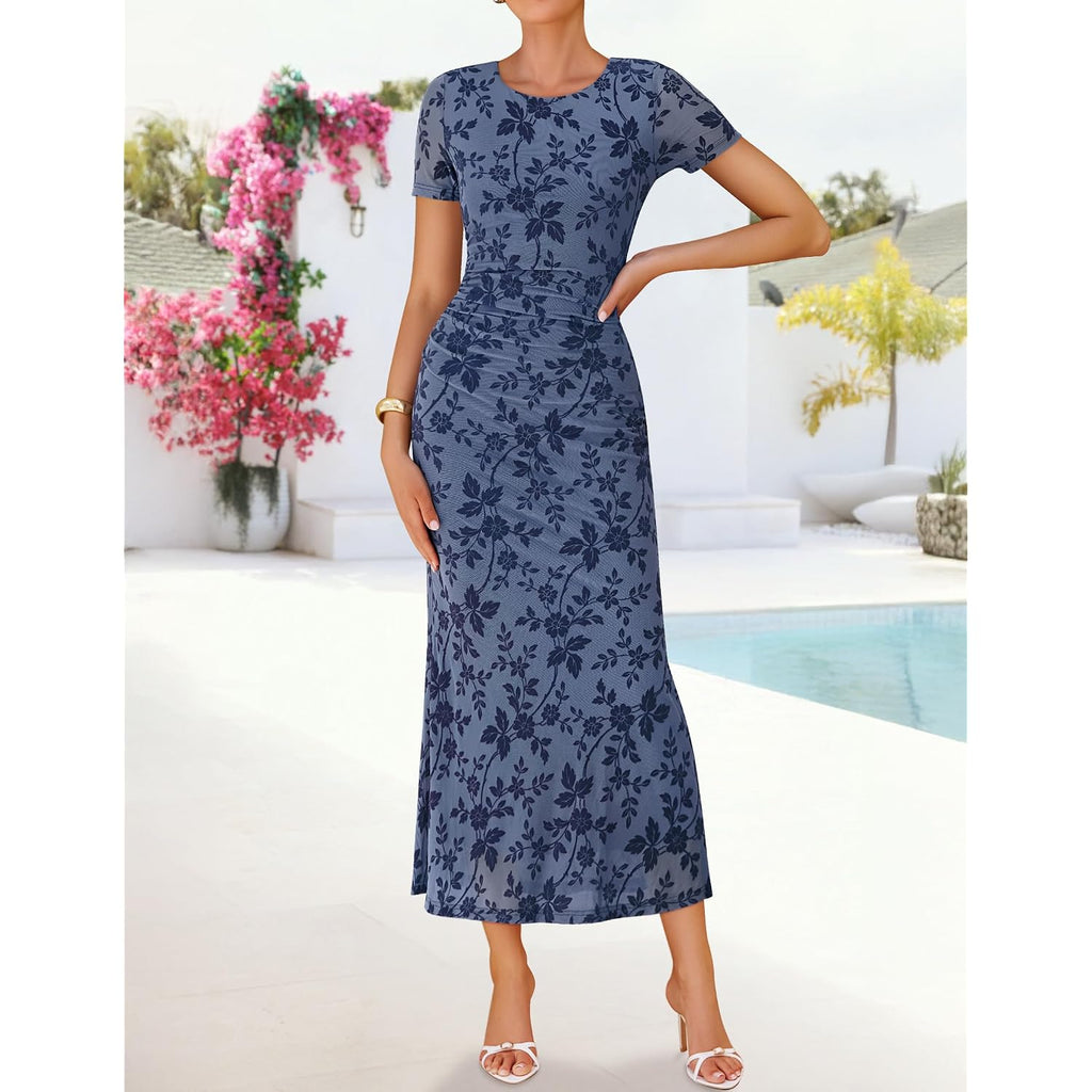 Zesica Womens 2026 Summer Floral Short Sleeve Bodycon Long Dress Ruched Mesh Formal Cocktail Party Wedding Guest Maxi Dresses