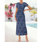 Zesica Womens 2026 Summer Floral Short Sleeve Bodycon Long Dress Ruched Mesh Formal Cocktail Party Wedding Guest Maxi Dresses