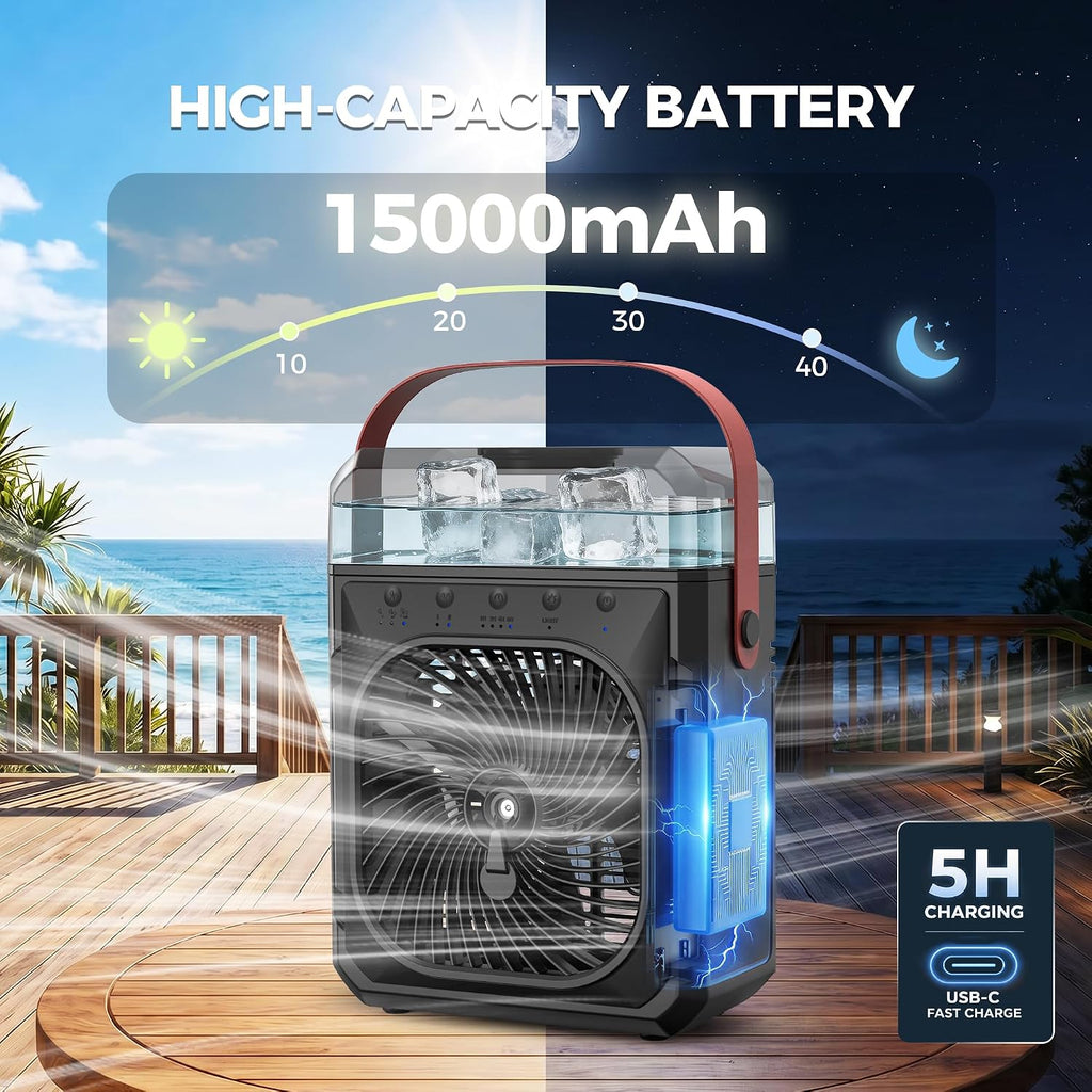 Rechargeable Misting Fan Portable【Max 40H Runtime】,Desk Cooling Air Conditioner Fan 5℉ Drop,Water Spray Mister Fan & 2 Spray Modes, Battery Powered Operated Bedroom Fan & Lights, Remote Control, Black