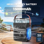 Rechargeable Misting Fan Portable【Max 40H Runtime】,Desk Cooling Air Conditioner Fan 5℉ Drop,Water Spray Mister Fan & 2 Spray Modes, Battery Powered Operated Bedroom Fan & Lights, Remote Control, Black
