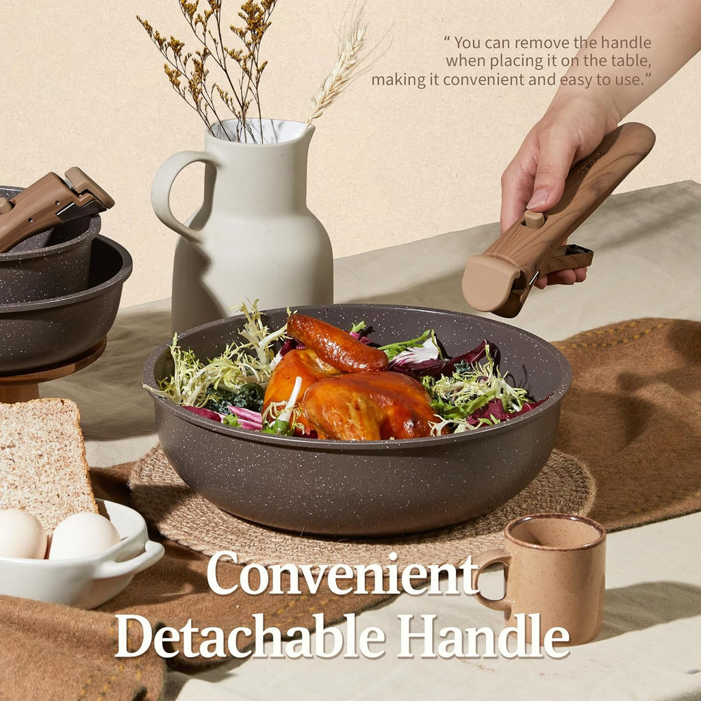 CAROTE 21PCS Pots and Pans Set Non Stick with Detachable Handle, Nonstick Cookware Sets, Cooking Kitchen Set, Oven/Dishwasher Safe, Induction Cookware, Brown, RV Kitchen Pot and Pan