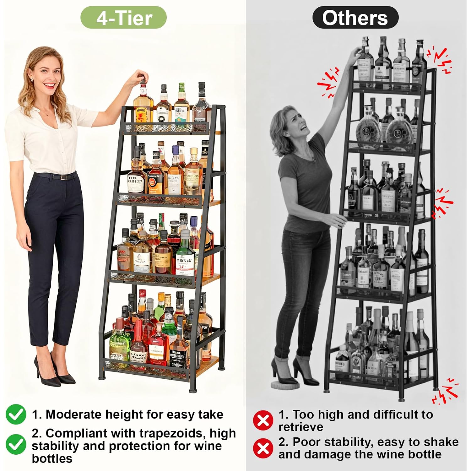 4-Tier Trapezoid Liquor Stand For Home Bar, Stepped Wine Rack Freestanding Floor Liquor Cabinet For Whiskey Wine, Versatile Corner Wine Bottle Display Stand With Fences, Vintage Brown（Patent Pending）