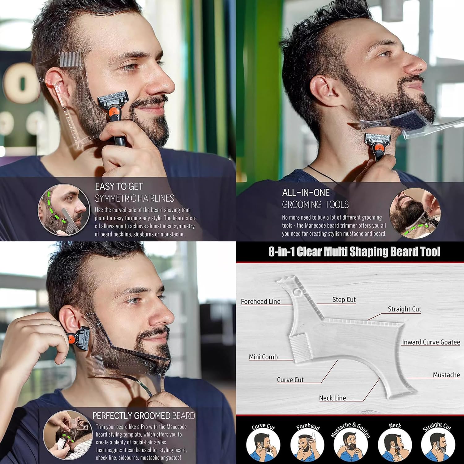 Beard Trimming Guide Tool, 3Pcs Neckline Shaping Goatee Mustache Grooming Facial Hair Styling Template Face Hair Ruler Combs