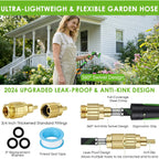 Garden Hose 100 Ft, Non-Expandable Ultra-Lightweight Flexible Hose With 360° Dual-End Anti-Kink Design, 10-Pattern Spray Nozzle, 500 Psi Leak-Proof, 96-Strand Braided Fabric, Storage Strap