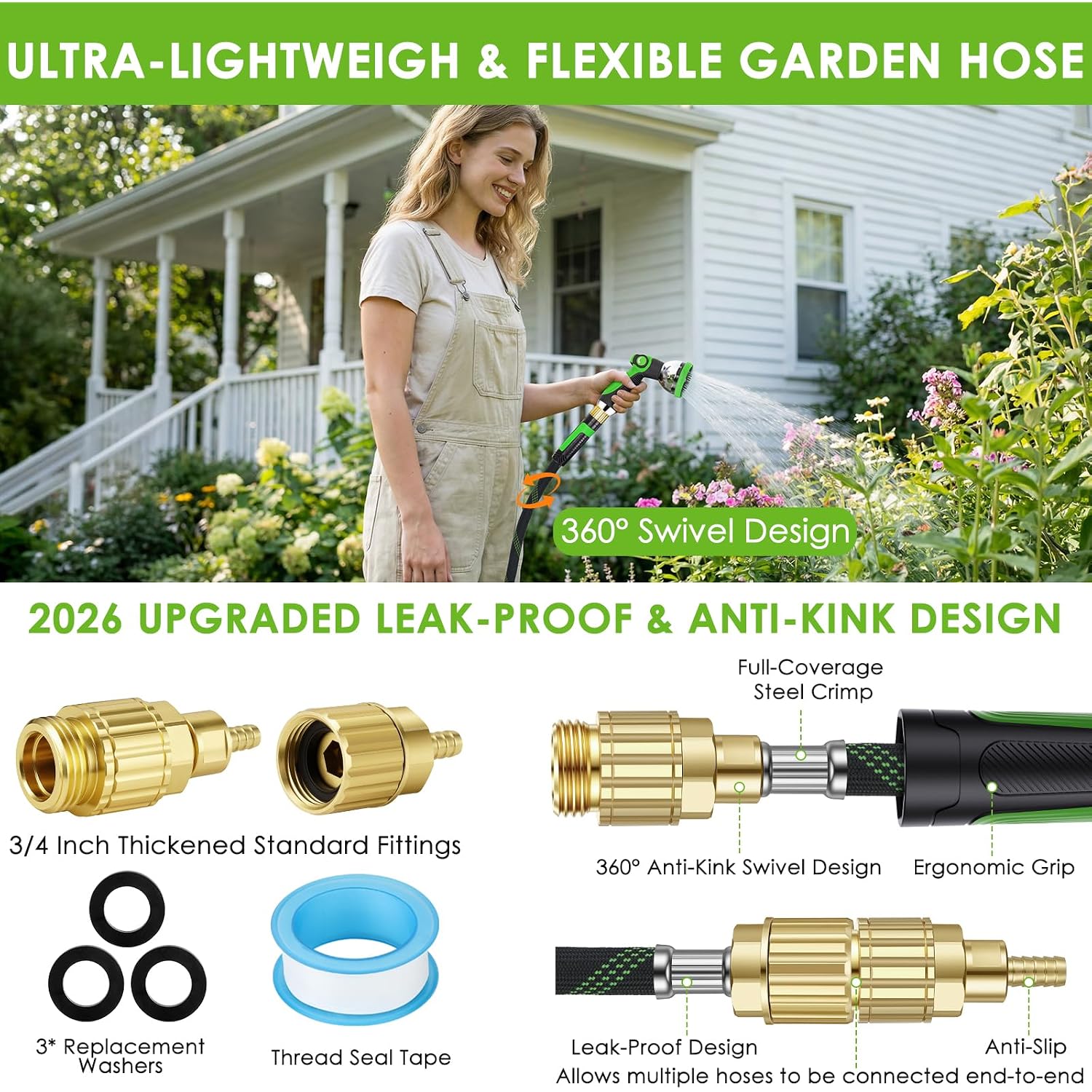Garden Hose 100 Ft, Non-Expandable Ultra-Lightweight Flexible Hose With 360° Dual-End Anti-Kink Design, 10-Pattern Spray Nozzle, 500 Psi Leak-Proof, 96-Strand Braided Fabric, Storage Strap