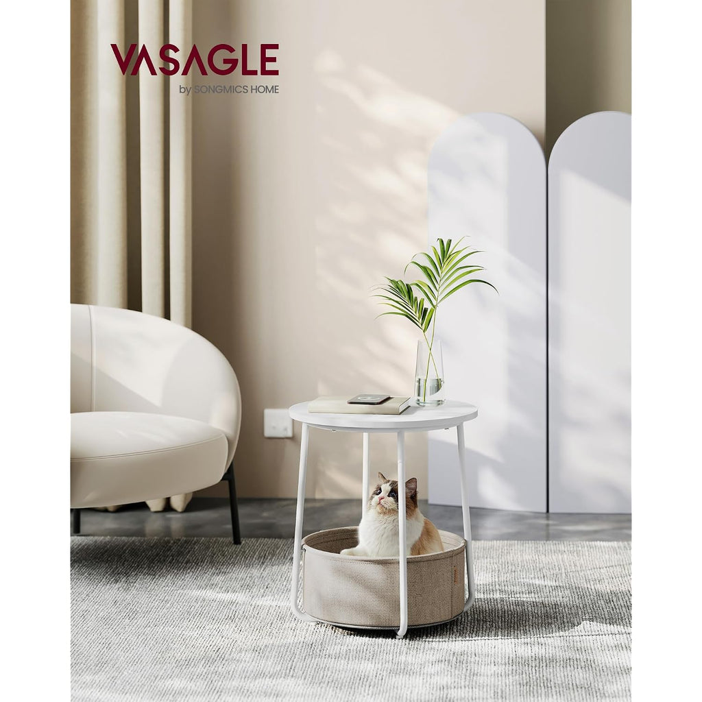 Vasagle Lilea Collection - Small Round Side End Table, Modern Nightstand With Fabric Basket, Matte White And Camel Brown Ulet223W10