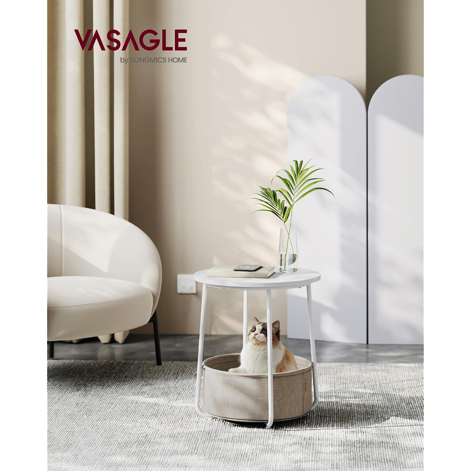 Vasagle Lilea Collection - Small Round Side End Table, Modern Nightstand With Fabric Basket, Matte White And Camel Brown Ulet223W10