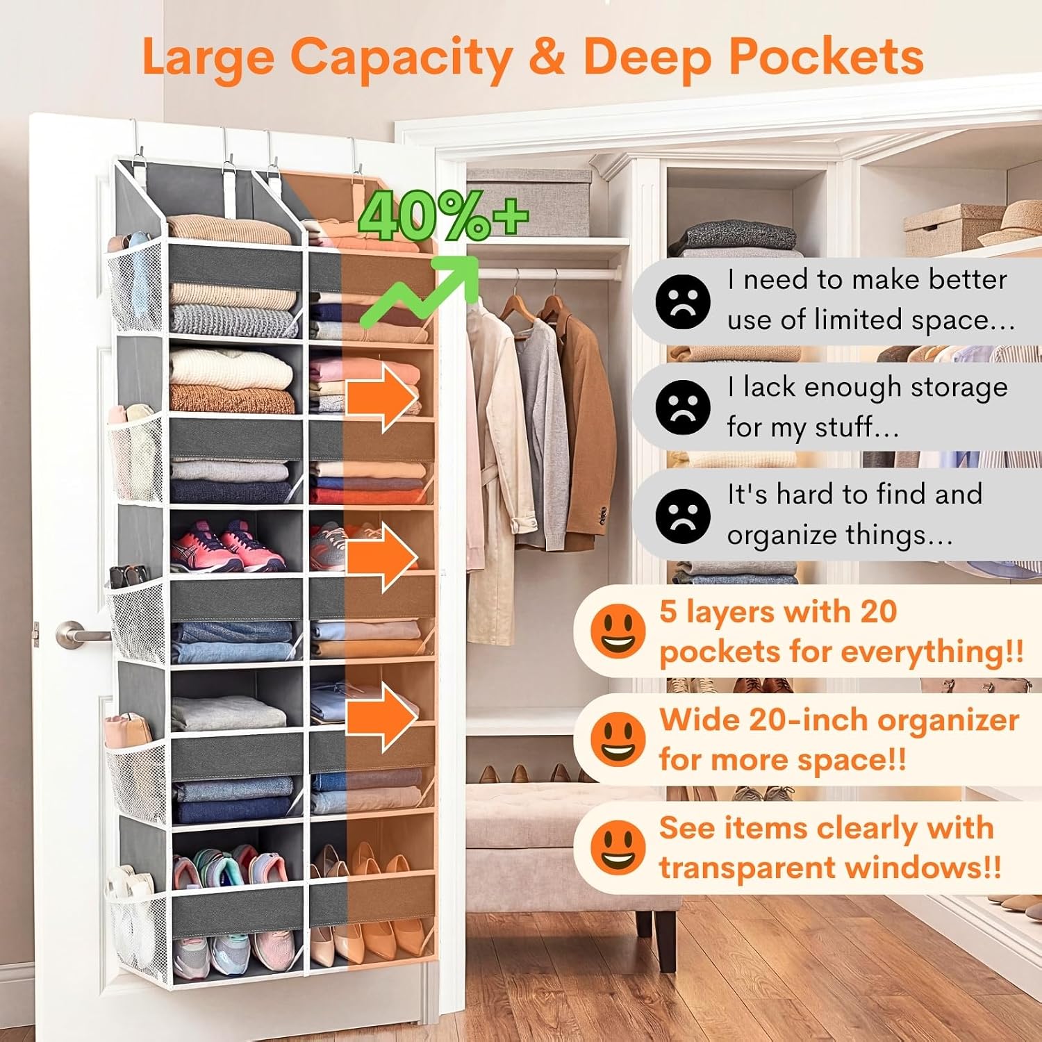 5-Tier Over Door Organizer, 10-Compartment Wide Storage Rack | 20" Wide, 80 Lbs For Heavy Family Use, 10 Side Pockets, Fits Doors For Closet, Nursery, Entryway, Dorm, Rv, Laundry Room