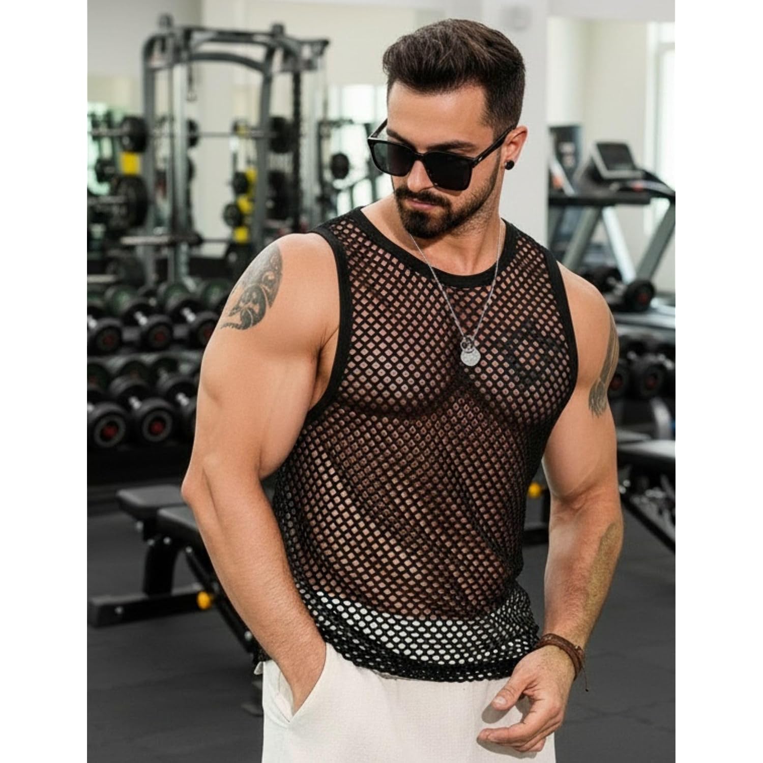 Coofandy Men Casual Tank Tops Mesh Shirt See Through Sleeveless Shirts Muscle Fishnet Fitted Tee Clubwear Summer