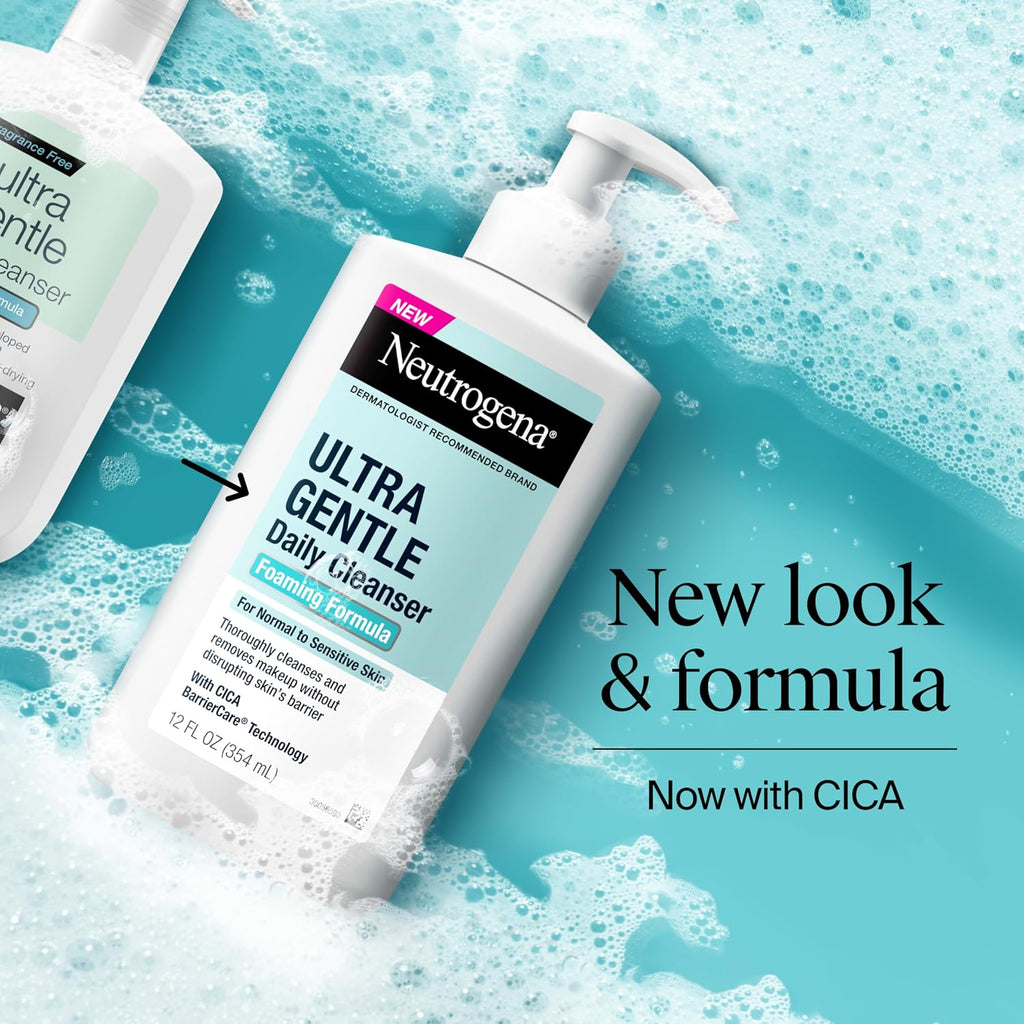 Neutrogena Ultra Gentle Foaming Facial Cleanser, Fragrance Free Hydrating Face Wash For Sensitive Skin, Daily Non Over Drying Makeup Remover, Hypoallergenic, Soap & Dye Free, Non-Comedogenic, 16 Fl Oz