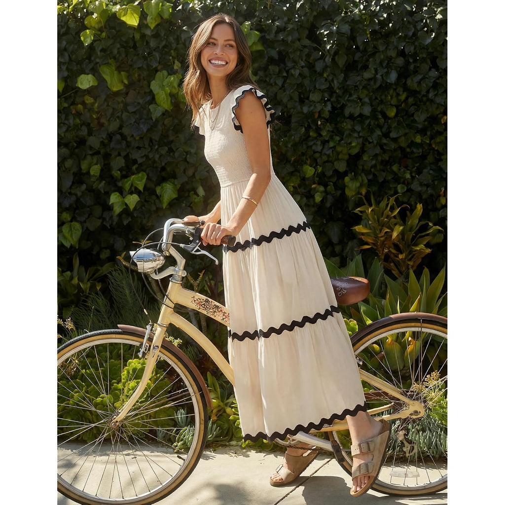 Zesica Womens Summer Casual Smocked Midi Dress 2026 Flutter Short Sleeve High Waist Tiered Flowy Boho Vacation Dresses
