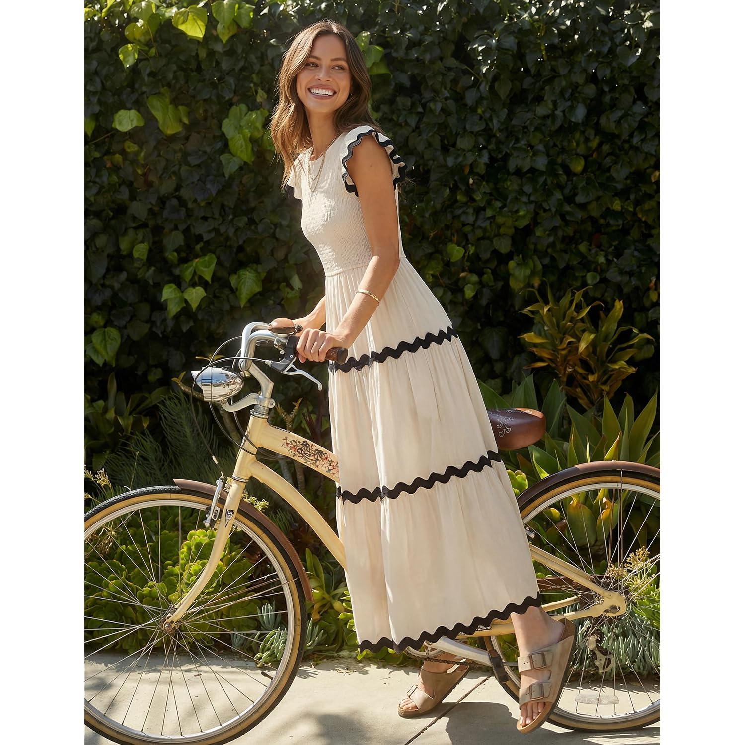 Zesica Womens Summer Casual Smocked Midi Dress 2026 Flutter Short Sleeve High Waist Tiered Flowy Boho Vacation Dresses