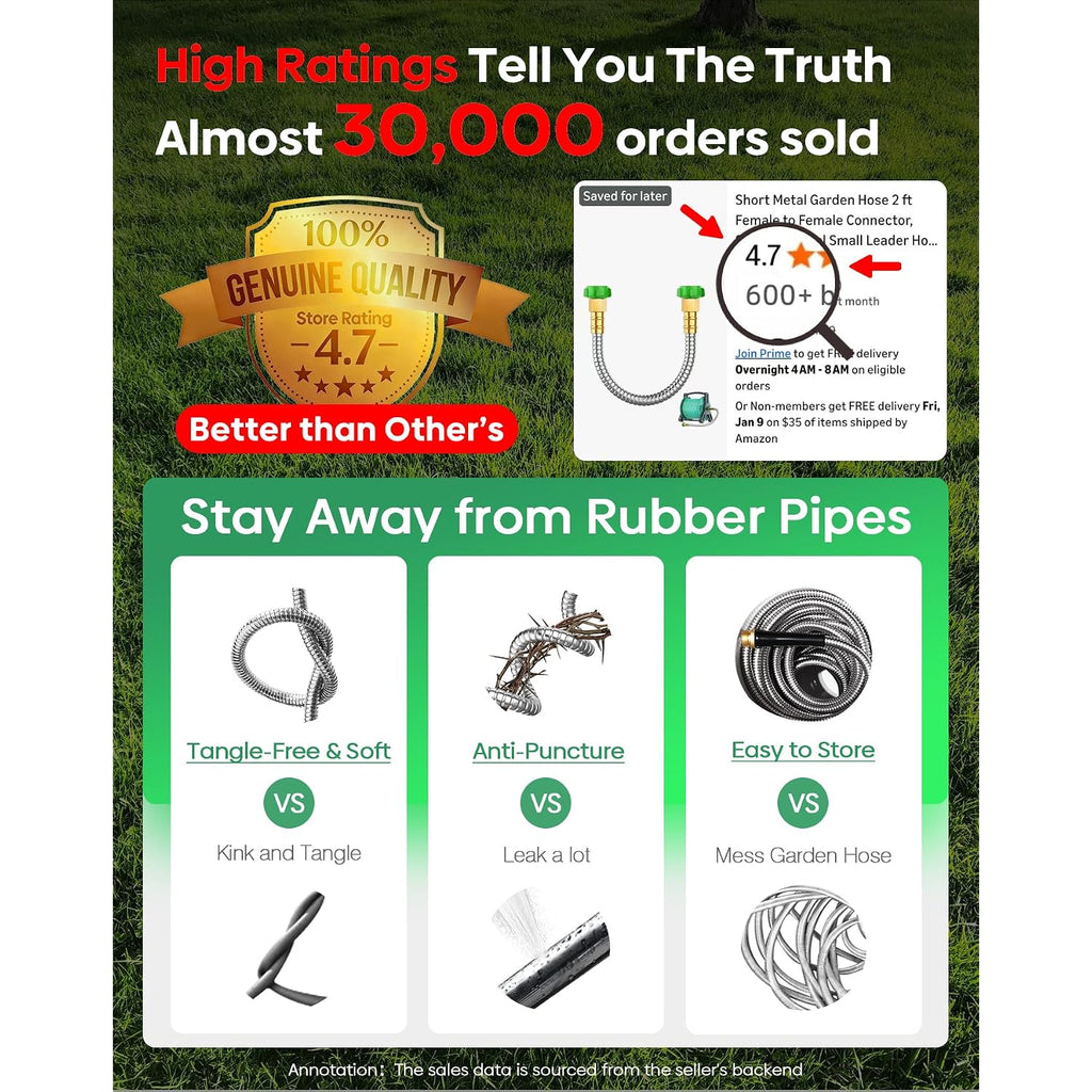Short Metal Garden Hose 3 Ft With Female To Female Connector， Stainless Steel Small Leader Hose For Hose Reel, Long, Flexible, Lightweight & Heavy Duty Water Pipe, Outdoor Water Hose Extension Adapter