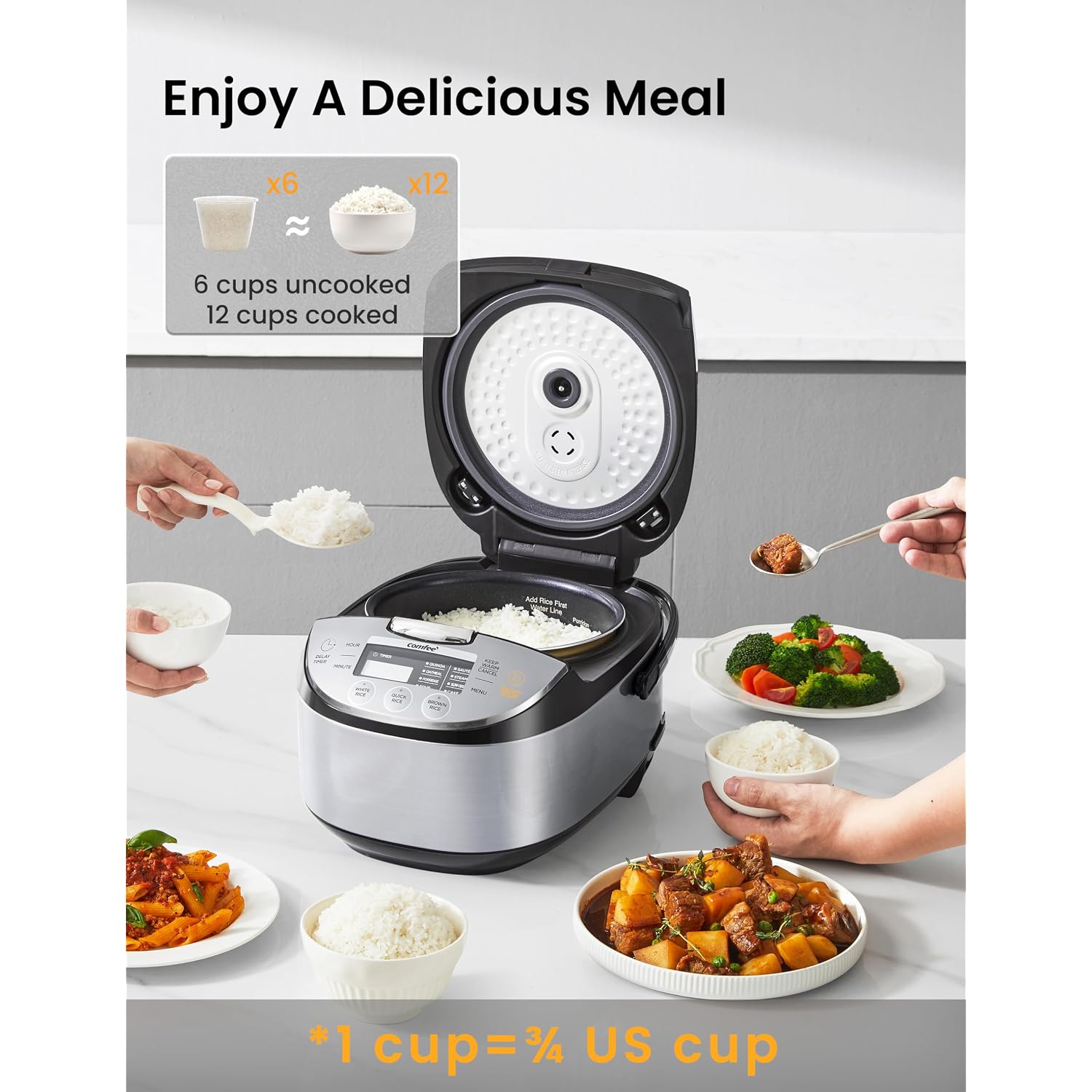 Comfee' Rice Cooker 12 Cups Cooked/6 Cups Uncooked, Portable Non-Stick Rice Maker, Japanese Rice Cooker With Fuzzy Logic Technology, 24-Hour Timer Delay, 11 Presets, Steamer, Fast Cooker, Grain Cooker, Black