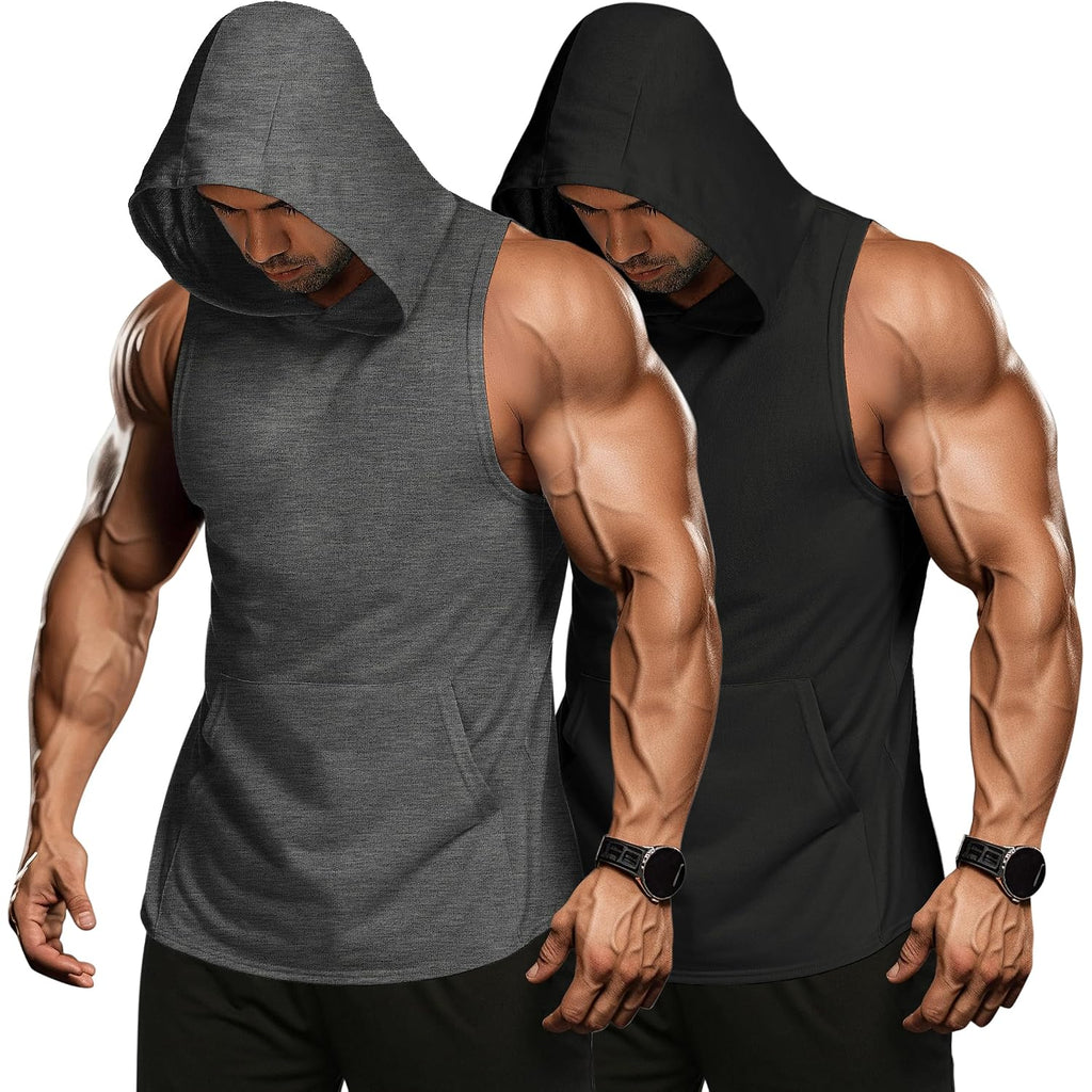 Coofandy Men'S 2 Pack Workout Hooded Tank Tops Bodybuilding Muscle Cut Off T Shirt Sleeveless Gym Hoodies