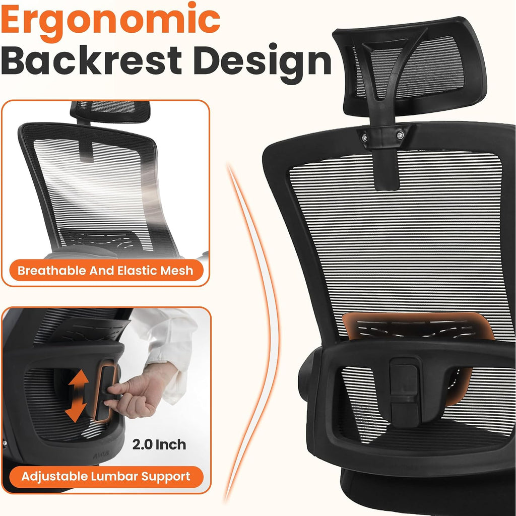 Neo Chair Office Desk Chair Gaming Computer High Back Support Mesh Comfy Seat With Adjustable Ergonomic Headrest Lumbar Rolling Flip-Up Armrests And Wheels (Black)