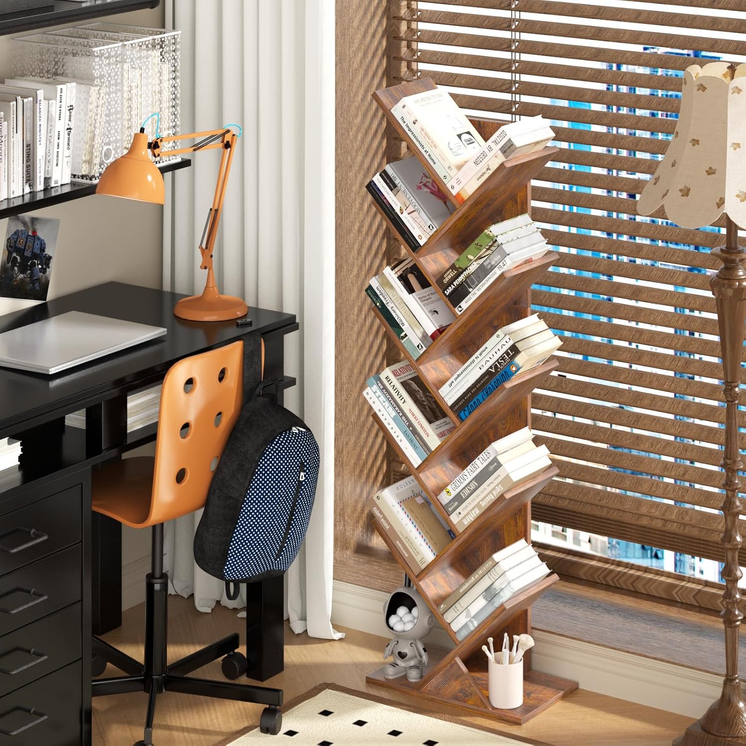 10 Tier Tree Book Shelf, Floor Standing Wood Bookshelf For Narrow Space, Storage Organizer Bookshelves For Books/Cds/Magazine, Bookcase With Shelves For Home Office, Living Room - Brown