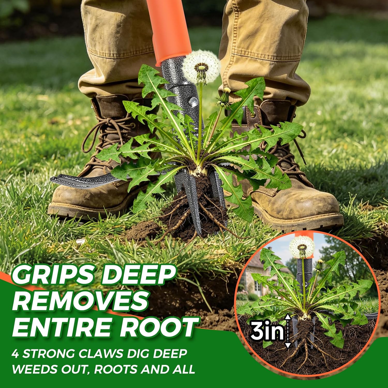 Stand Up Weed Puller Tool, 4-Claw Steel Head Deep Root Extractor With Dual-Eject Design, Real Bamboo Long Handle & Metal Anti-Slip Pedal, No Bending Dandelion Remover For Garden Lawn Yard