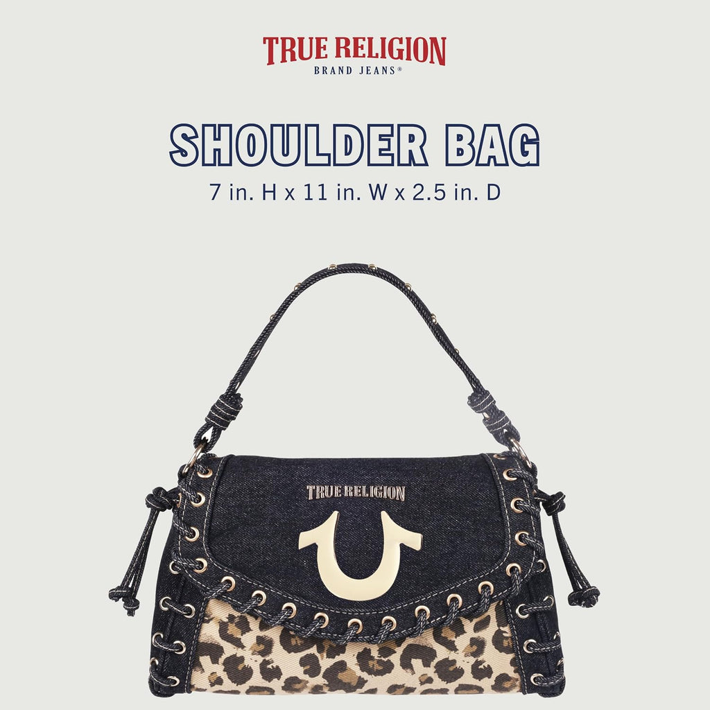 True Religion Denim Eyelet Trim Flap Bag, Studded Lace-Up Crossbody Shoulder Handbag With Horseshoe Logo, Leopard