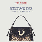 True Religion Denim Eyelet Trim Flap Bag, Studded Lace-Up Crossbody Shoulder Handbag With Horseshoe Logo, Leopard