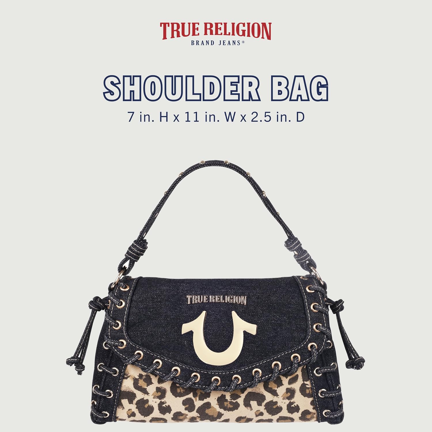 True Religion Denim Eyelet Trim Flap Bag, Studded Lace-Up Crossbody Shoulder Handbag With Horseshoe Logo, Leopard