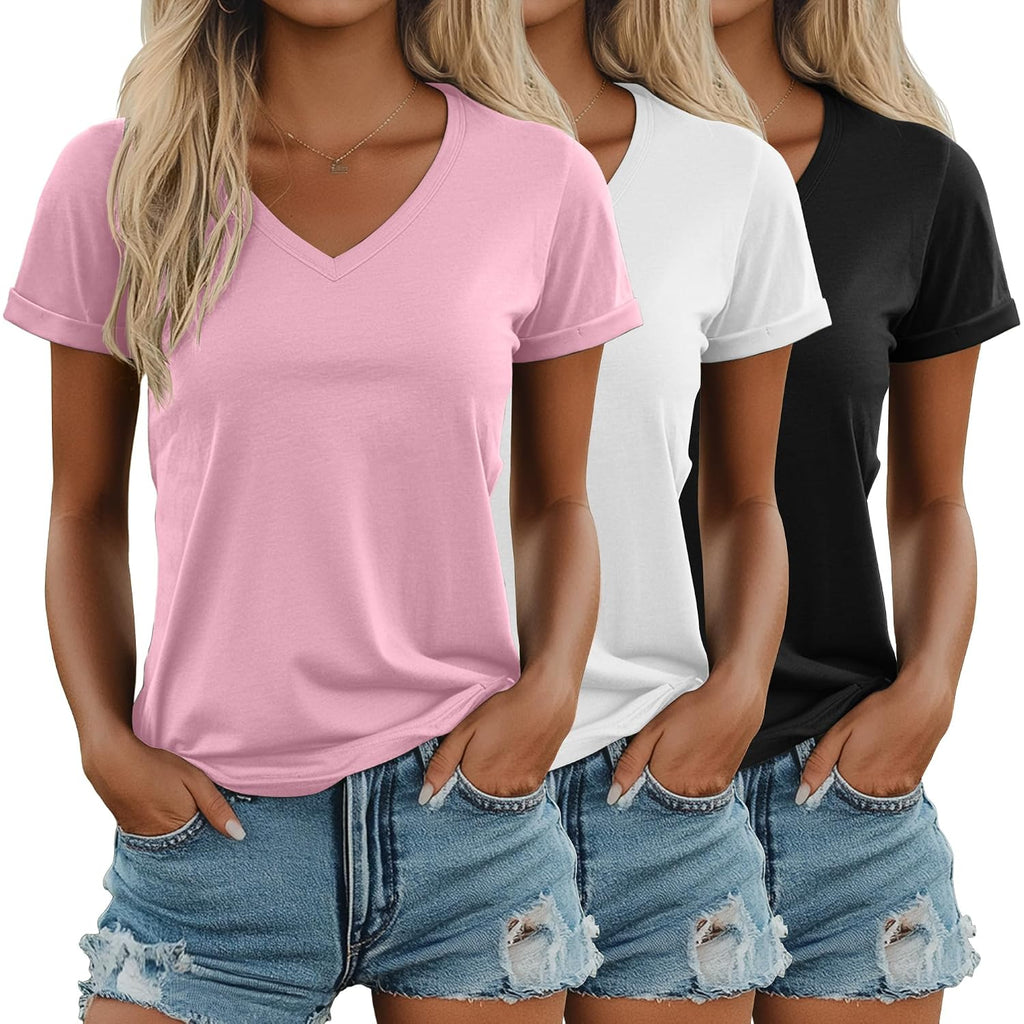 Ficerd 3 Pack Women'S V Neck T Shirts, Summer Casual Short Sleeve Tops Loose Fit Rolled Sleeve Tees Trendy Shirts