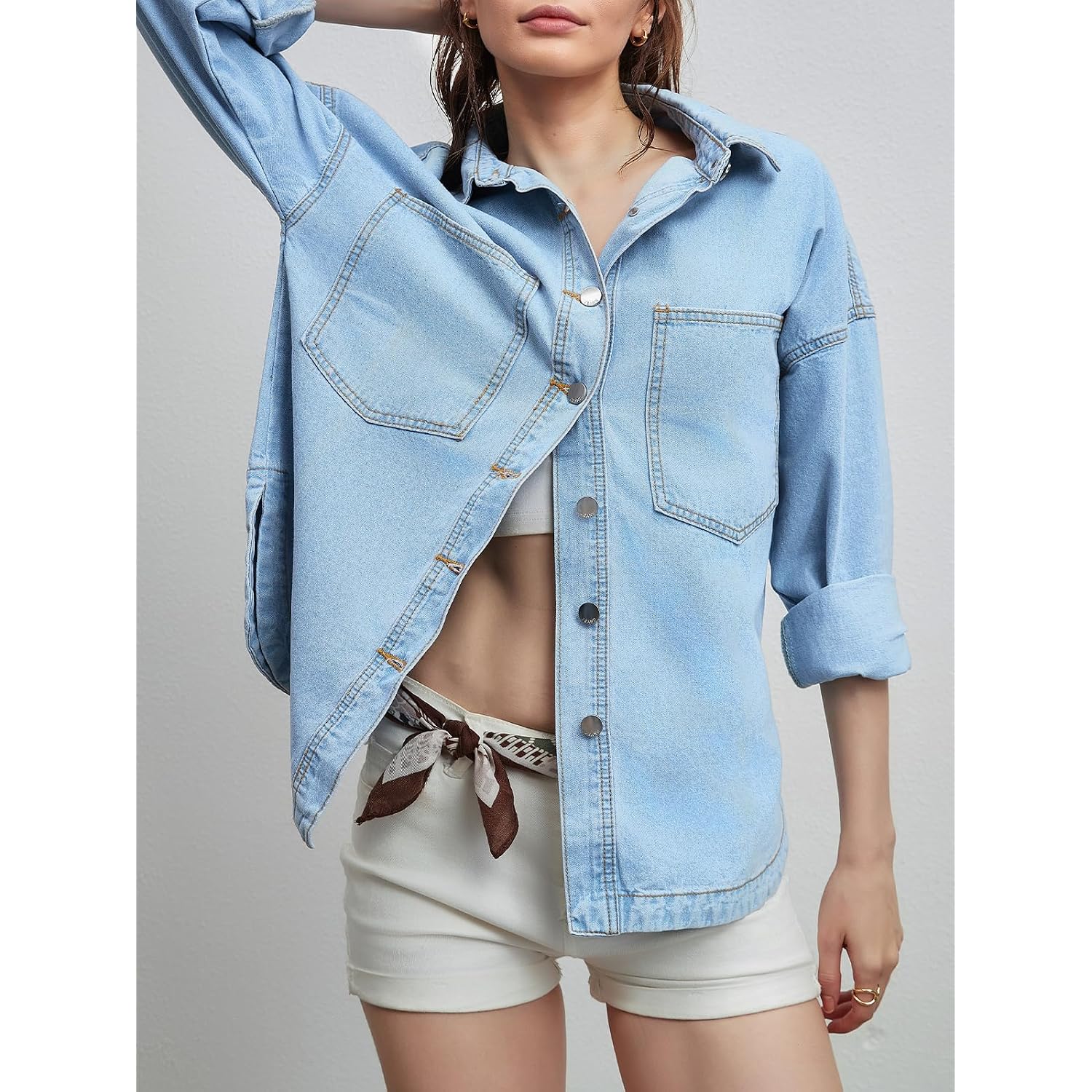 Women Denim Shirt Jean Jacket Oversize Button Down Shirt Long Sleeve Jean Tops Trendy Shackets
