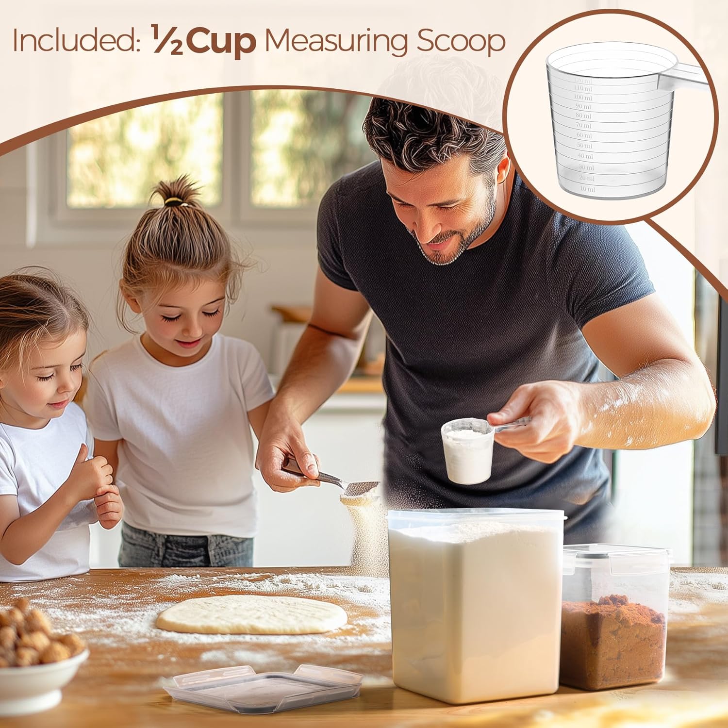 ComSaf Flour Sugar Storage Containers Set of 3 (5.2L/5.5Qt) (2.5L/2.6Qt*2), Large Airtight Food Storage Containers with Lids, Plastic Canisters Sets for Kitchen, Pantry Organizers for Rice and Baking