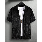 Men'S Sequin Button Down Shirts Sparkle 70S Disco Short Sleeve Party Shirt Tops