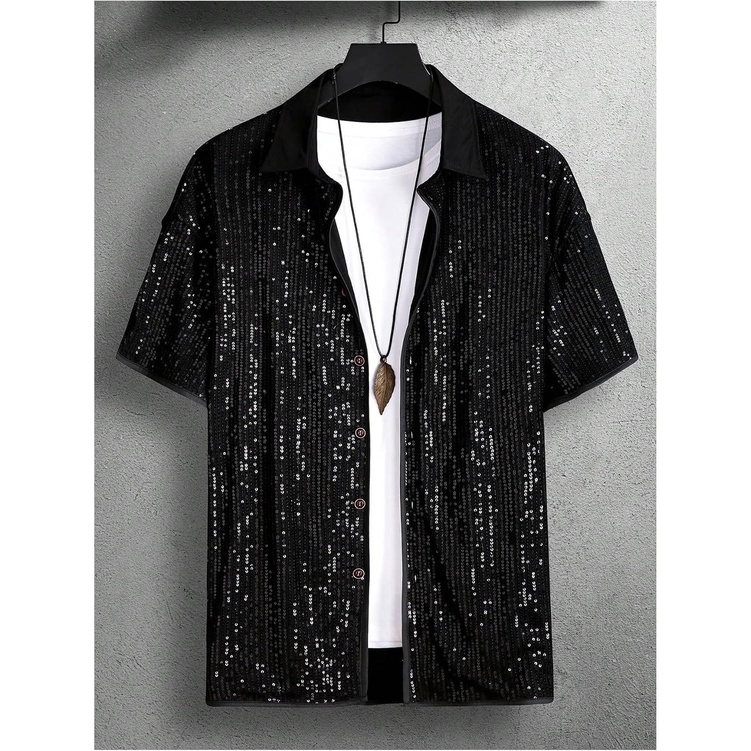 Men'S Sequin Button Down Shirts Sparkle 70S Disco Short Sleeve Party Shirt Tops
