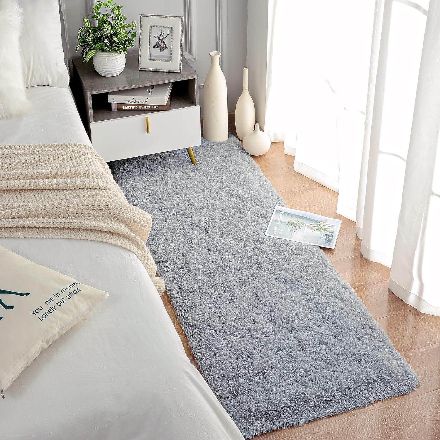 Soft Runner Rugs For Bedroom Living Room Plush Fluffy Rug 2X6 Feet, Shag Furry Area Rug Carpet Non Shedding For Nursery Children Kids Girls Room Home Decorative, Grey